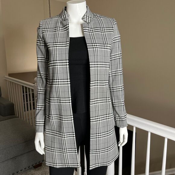 NWT Carolina Belle Montreal Jacket Blazer Open Front Long Black White Plaid XS - Picture 1 of 12